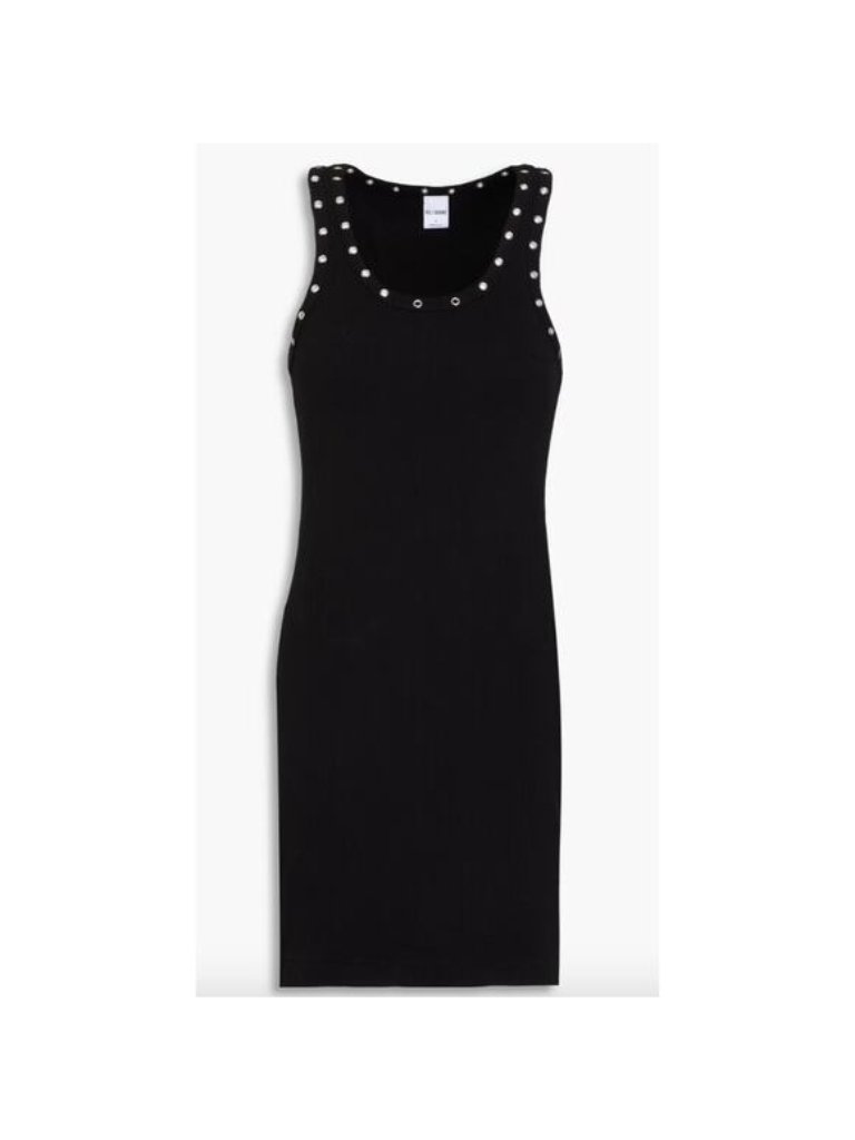 Re/Done Eyelet Embellished Stretch Cotton Jersey Mini Dress Black